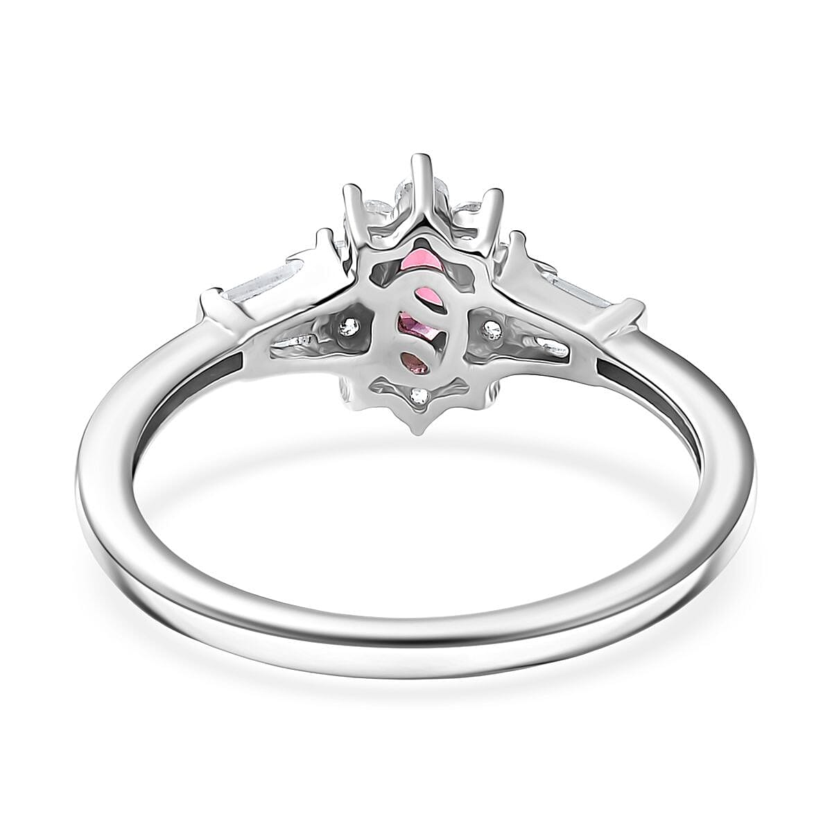 D'Joy Premium Ouro Fino Rubellite and White Zircon 0.80 ctw Regal Blossom Ring in Rhodium Over Sterling Silver (Size 7.0)