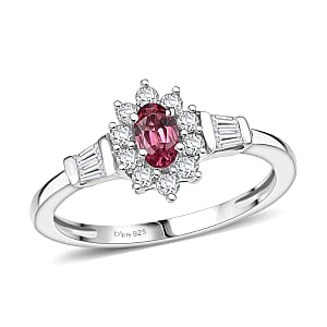 D'Joy Premium Ouro Fino Rubellite and White Zircon 0.80 ctw Regal Blossom Ring in Rhodium Over Sterling Silver (Size 9.0)
