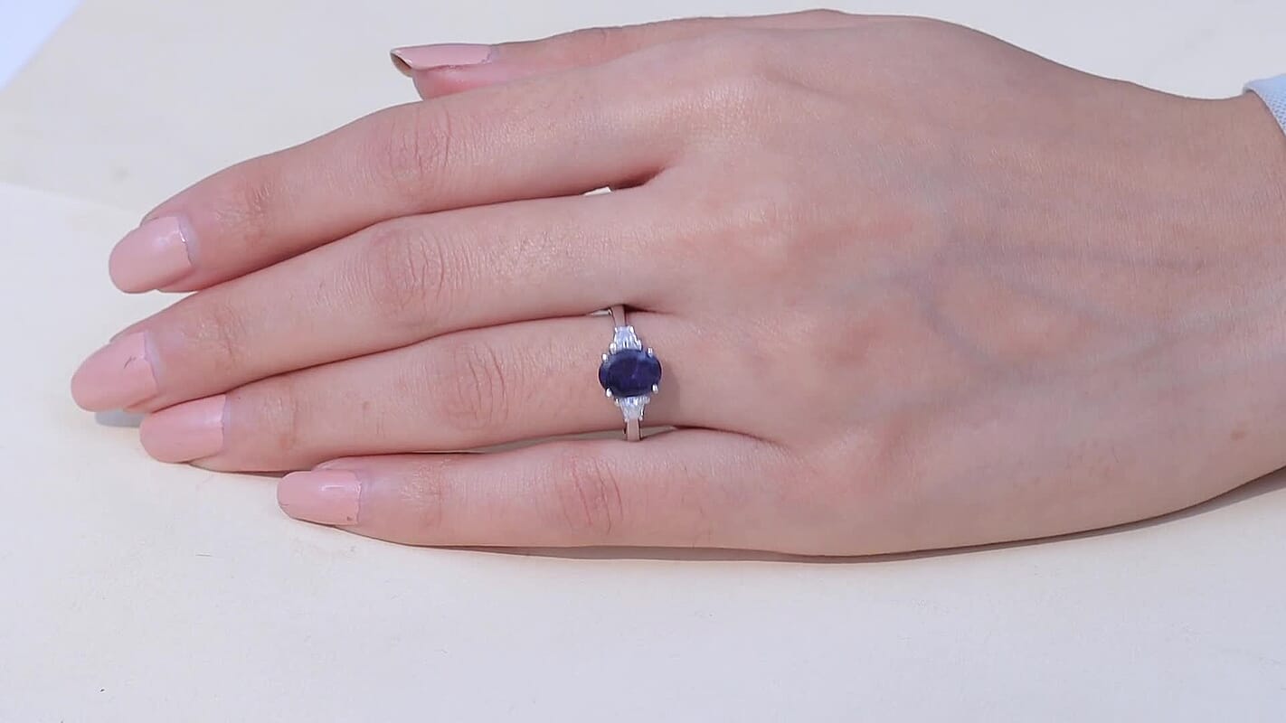 D'Joy Catalina Iolite, Moissanite Ring in Rhodium Over Sterling Silver (Size 9.0) 1.85 ctw