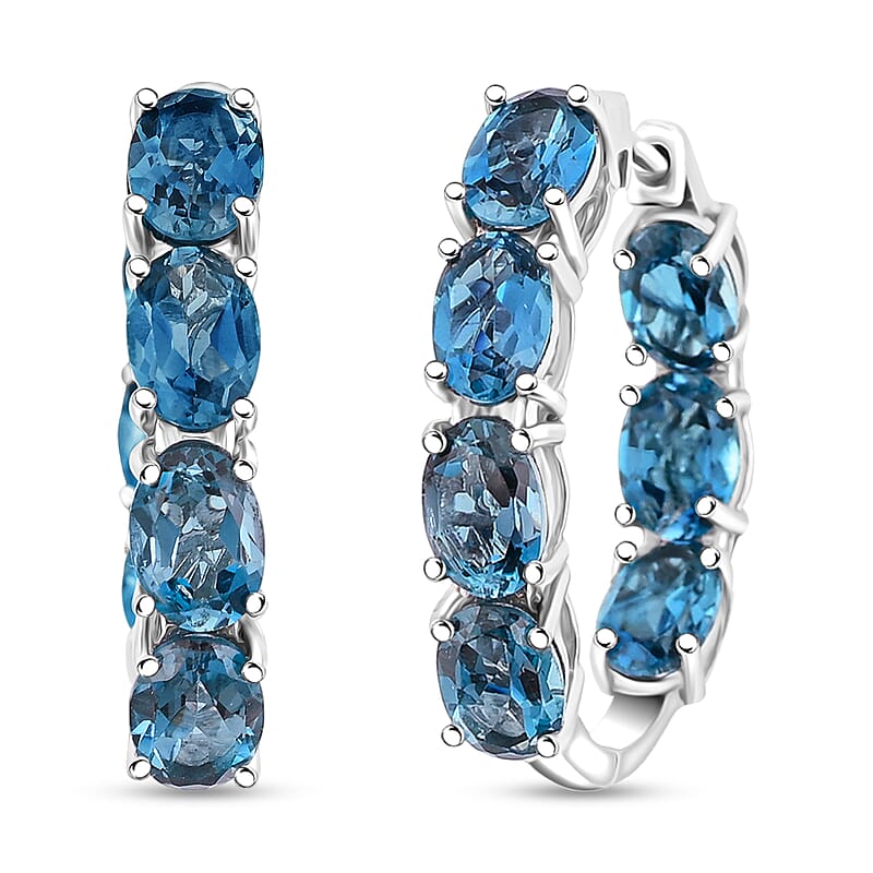 D'Joy London Blue Topaz 13.30 ctw Hoop Earrings in Rhodium Over Sterling Silver