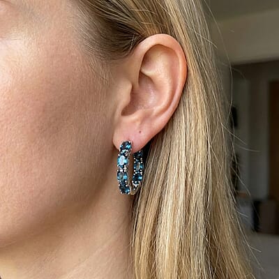 D'Joy London Blue Topaz 13.30 ctw Hoop Earrings in Rhodium Over Sterling Silver