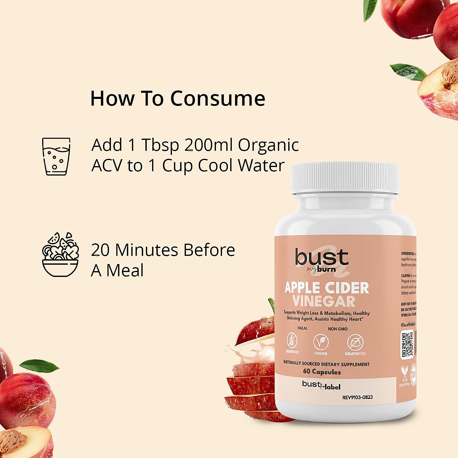 Bust my Burn Apple Cider Vinegar Dietary Supplement (60 Capsules)(Ships in 3-5 Business Days)