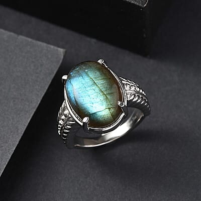 EverTrue Malagasy Labradorite 12.40 ctw Solitaire Ring in Stainless Steel (Size 11.0)