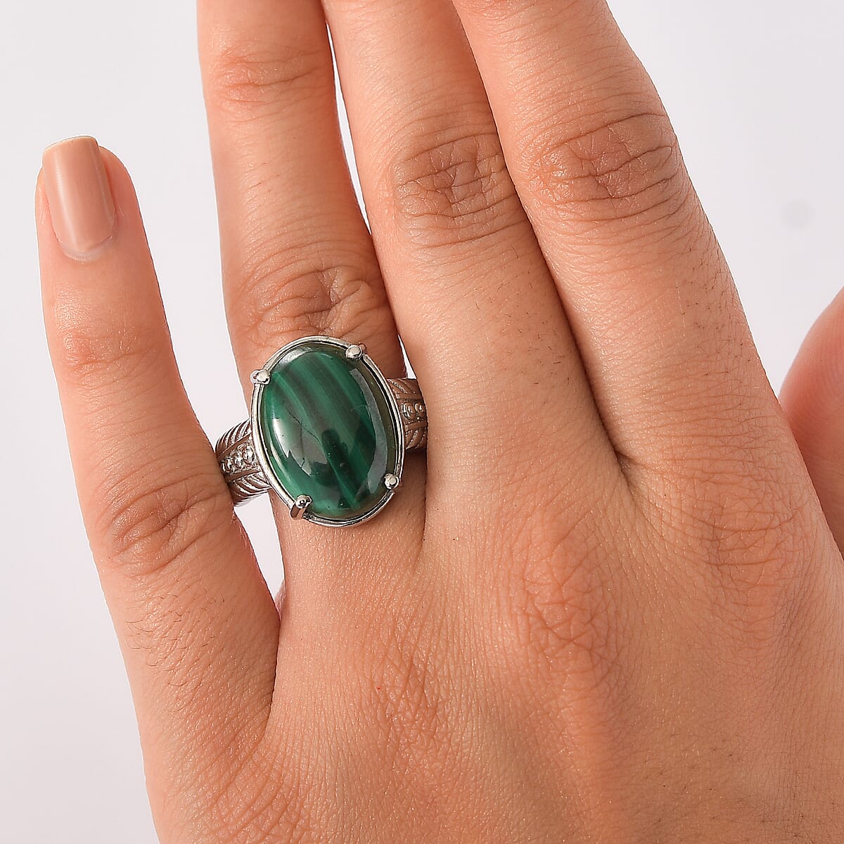 EverTrue African Malachite 15.85 ctw Solitaire Ring in Stainless Steel (Size 7.0) image number 2