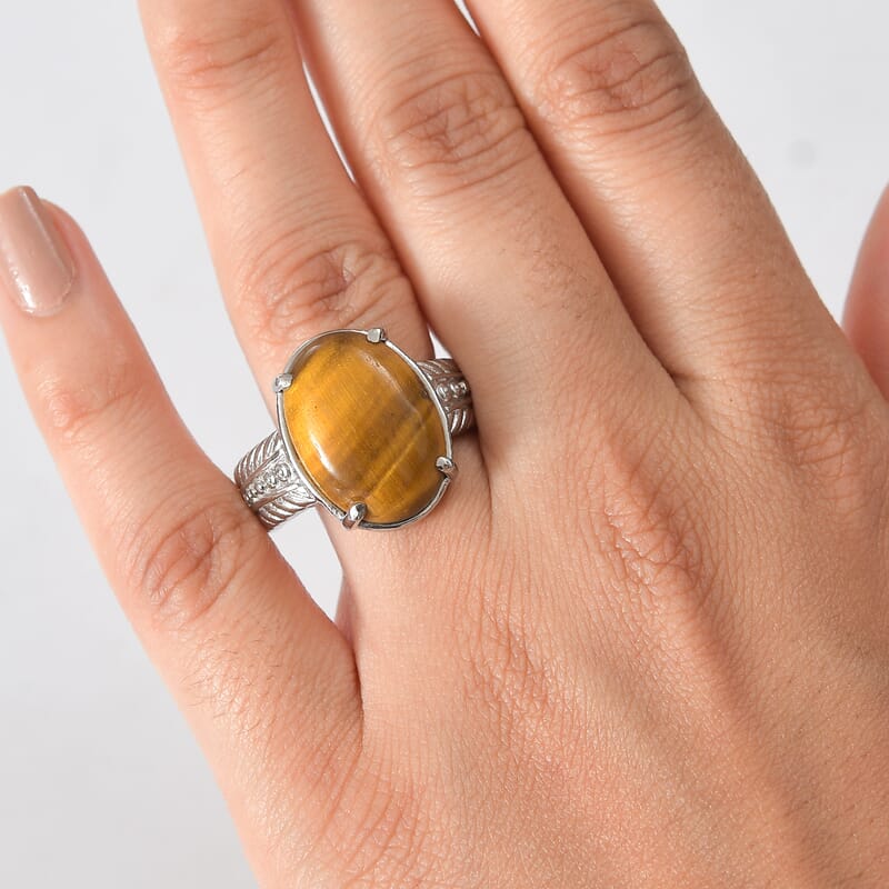 EverTrue Tigers Eye 11.50 ctw Solitaire Ring in Stainless Steel (Size 5.0)