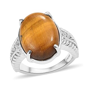 EverTrue Tigers Eye 11.50 ctw Solitaire Ring in Stainless Steel (Size 6.0)
