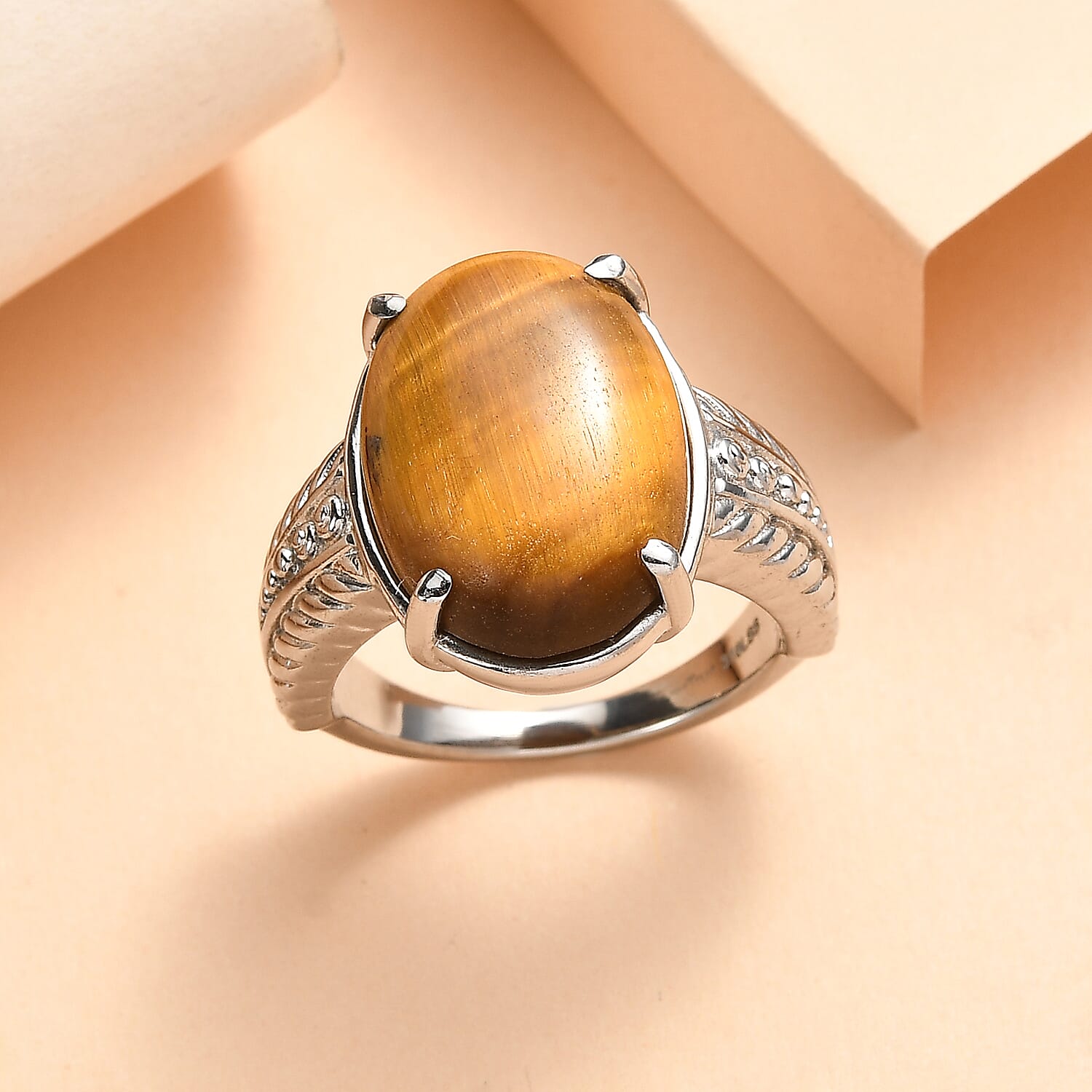 EverTrue Tigers Eye 11.50 ctw Solitaire Ring in Stainless Steel (Size 7.0)