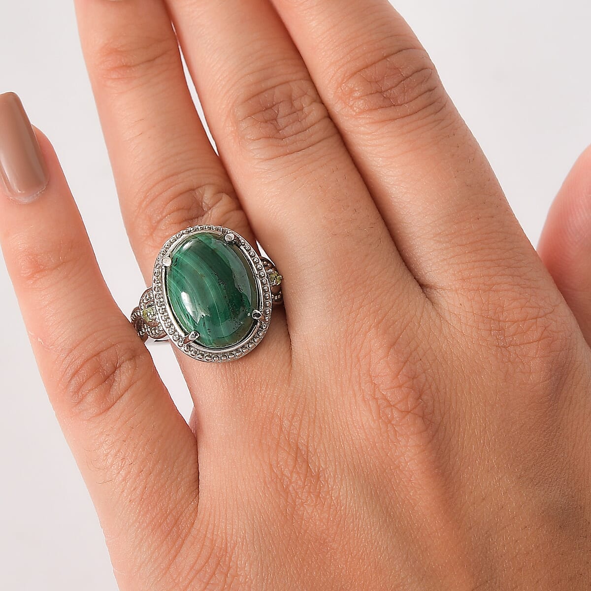 EverTrue African Malachite and Peridot 13.15 ctw Ring in Stainless Steel image number 2