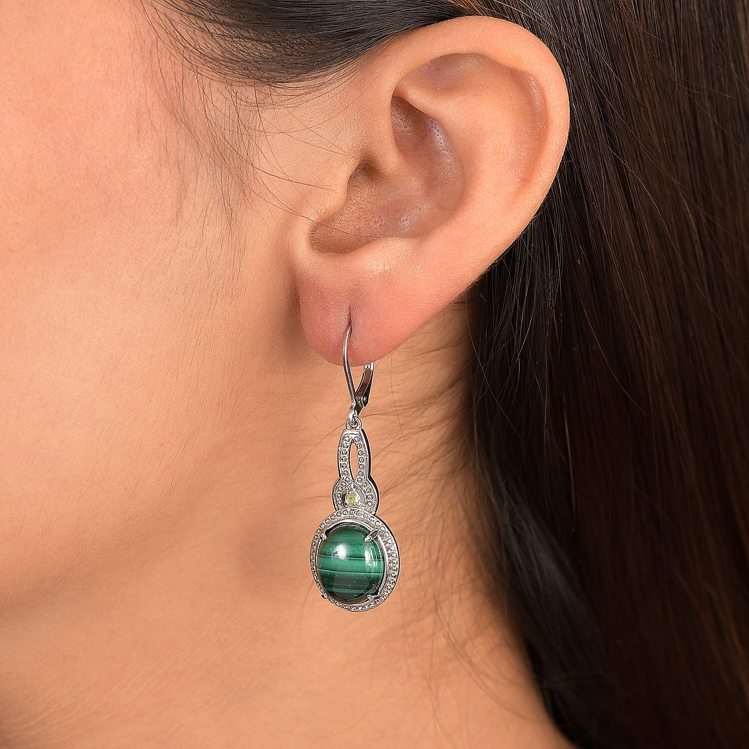 EverTrue African Malachite and Hebei Peridot 13.60 ctw Earrings in Stainless Steel