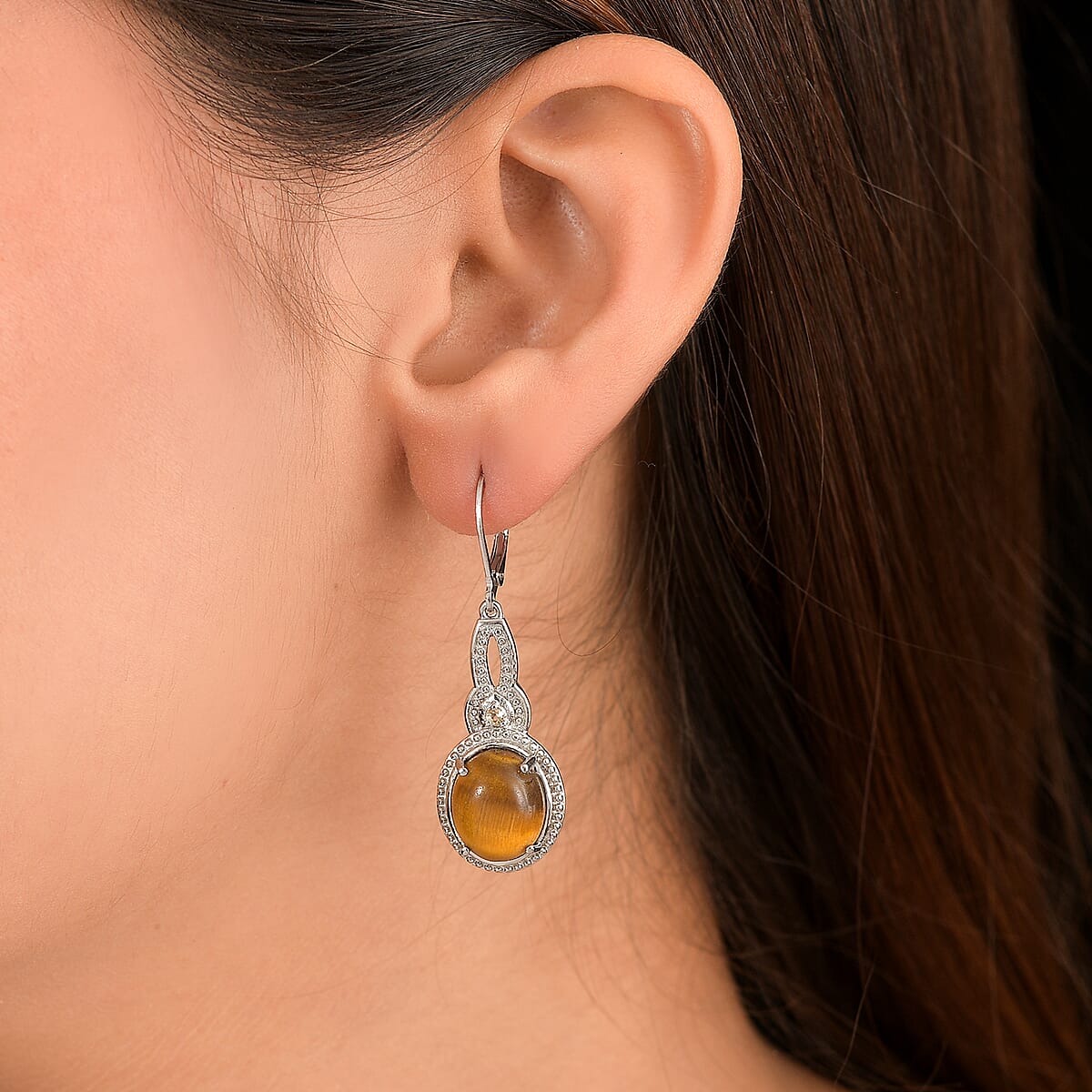 EverTrue Tigers Eye and Brazilian Citrine 10.00 ctw Earrings in Stainless Steel image number 2