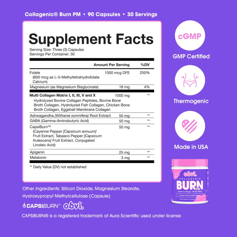 Obvi Collagenic Burn PM Dietary Supplement (90 Capsules) Made in US