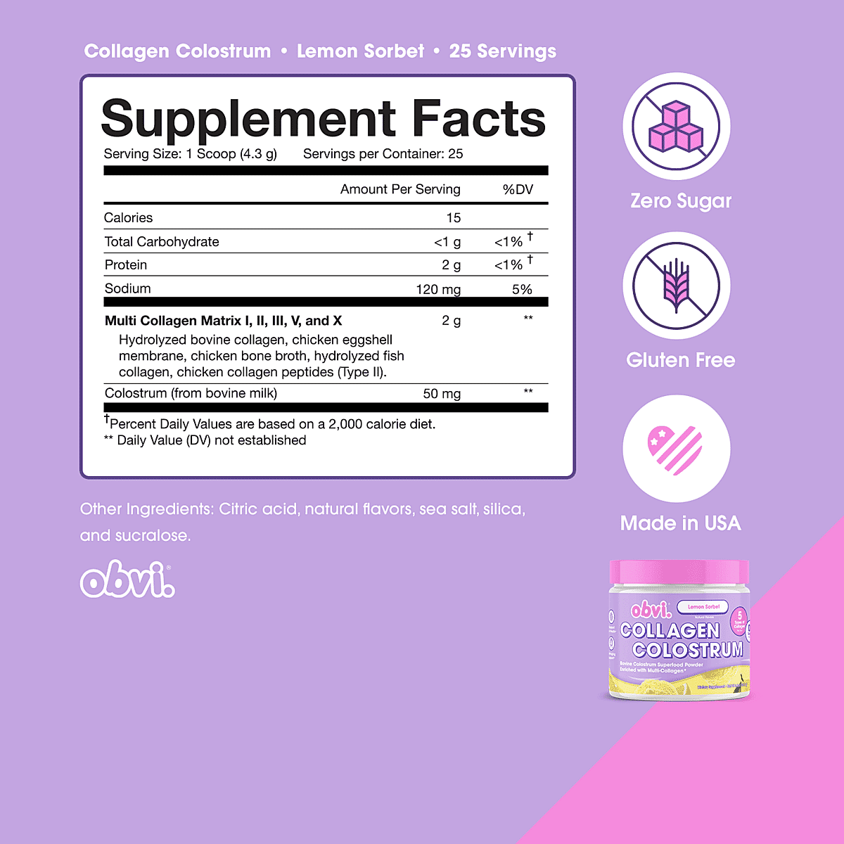 Obvi Lemon Sorbet Collagen Colostrum Dietary Powder Supplement (3.8oz) image number 4