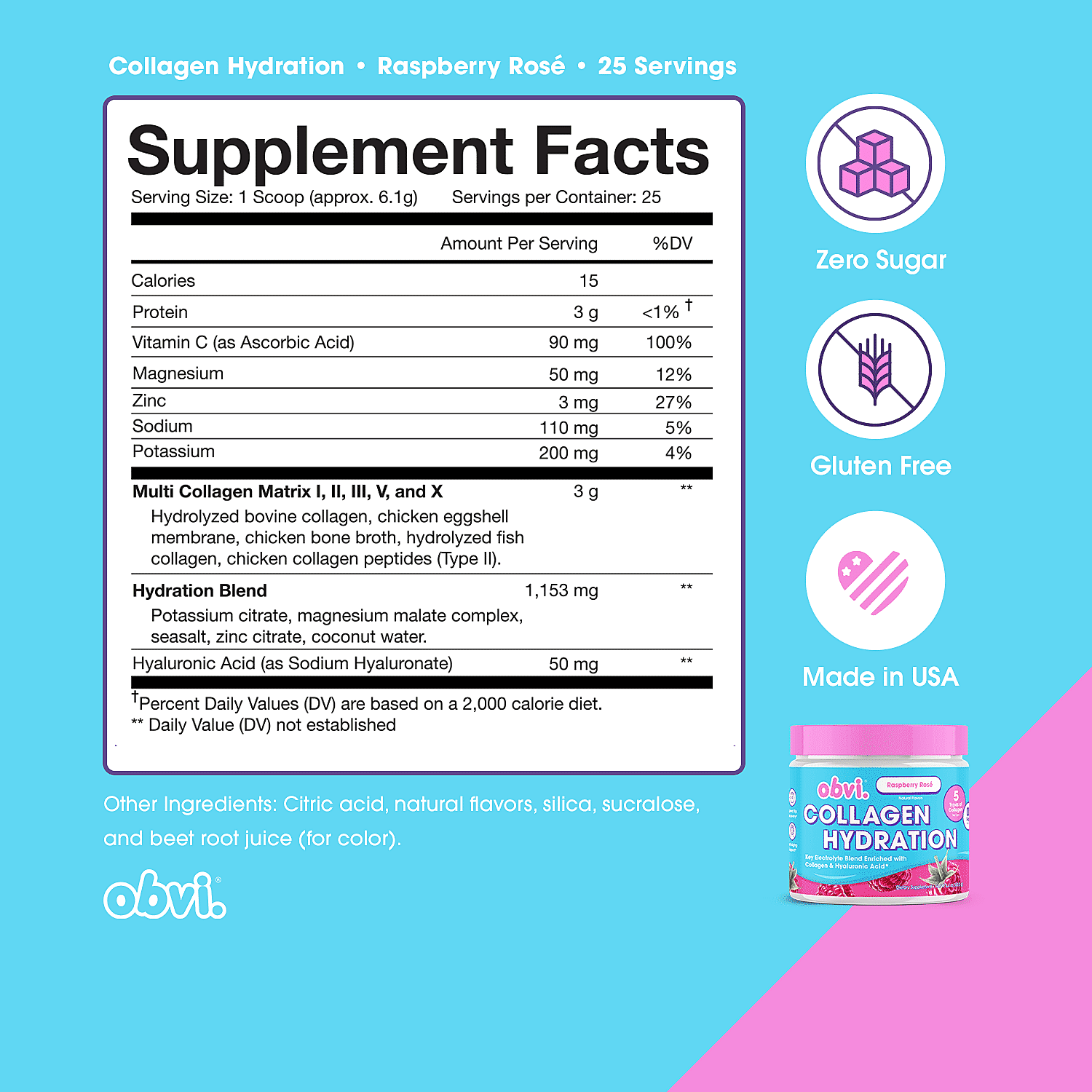 Obvi Raspberry Rose Collagen Hydration Dietary Powder Supplement (5.4oz)