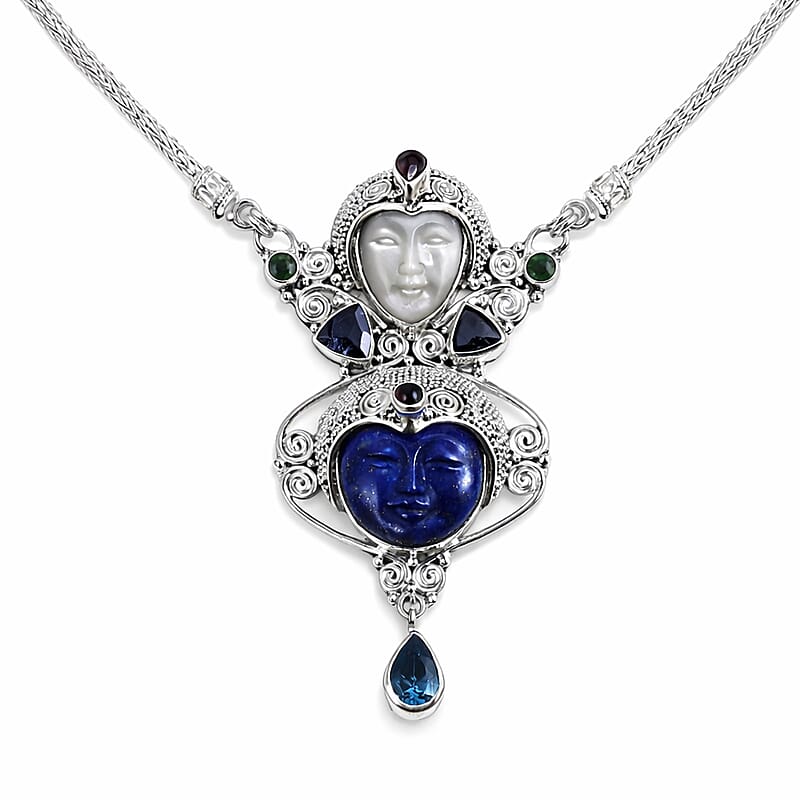 Sajen Silver Lapis Lazuli and Multi Gemstone 18.00 ctw Necklace in Sterling Silver 20 Inches