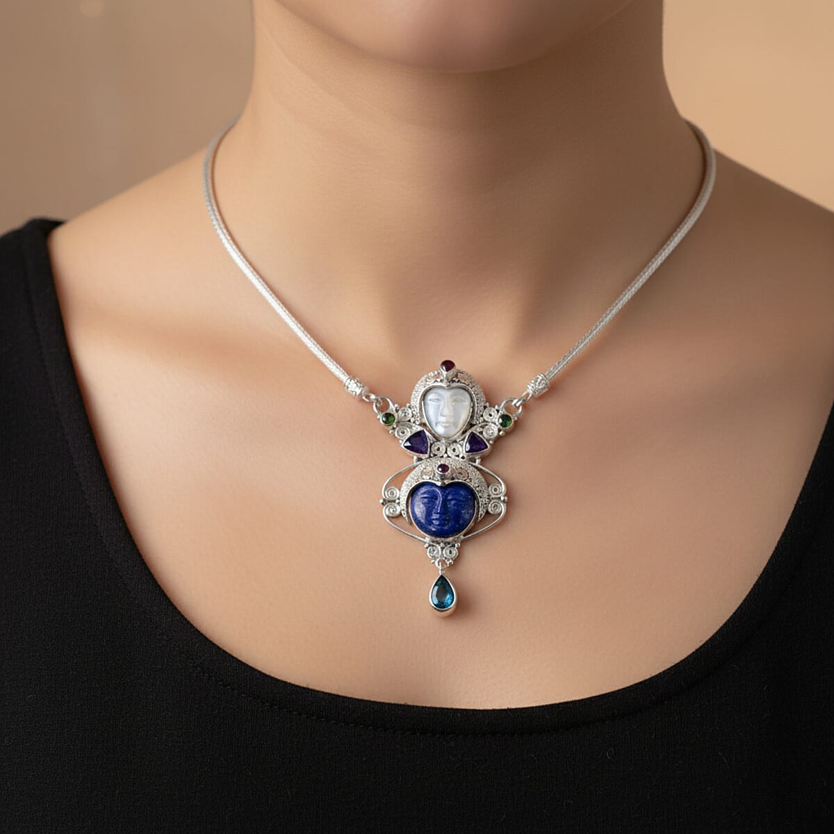 Lapis Lazuli and Multi Gemstone 18.00 ctw Necklace in Sterling Silver 20 Inches image number 2