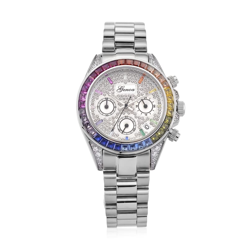 Simulated Multi Diamond Japanese movement Rainbow Multifunction Watch in Silvertone 2.00 ctw