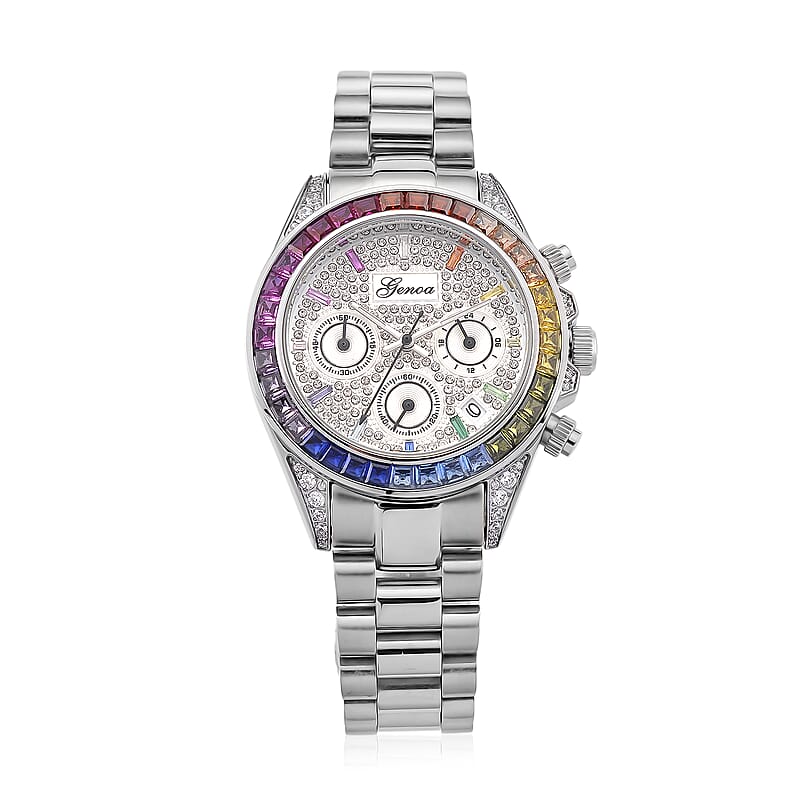 Simulated Multi Diamond Japanese movement Rainbow Multifunction Watch in Silvertone 2.00 ctw