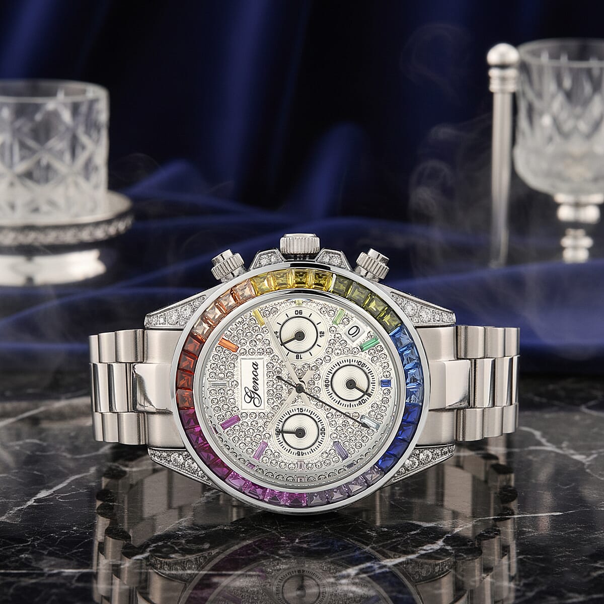 Valentine Special Deal Genoa Simulated Multi Diamond Japanese movement Rainbow Multifunction Watch in Silvertone 2.00 ctw image number 1