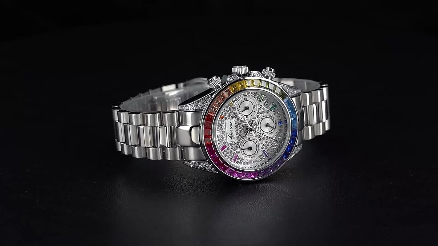 Genoa Simulated Multi Diamond Japanese movement Rainbow Multifunction Watch in Silvertone 2.00 ctw