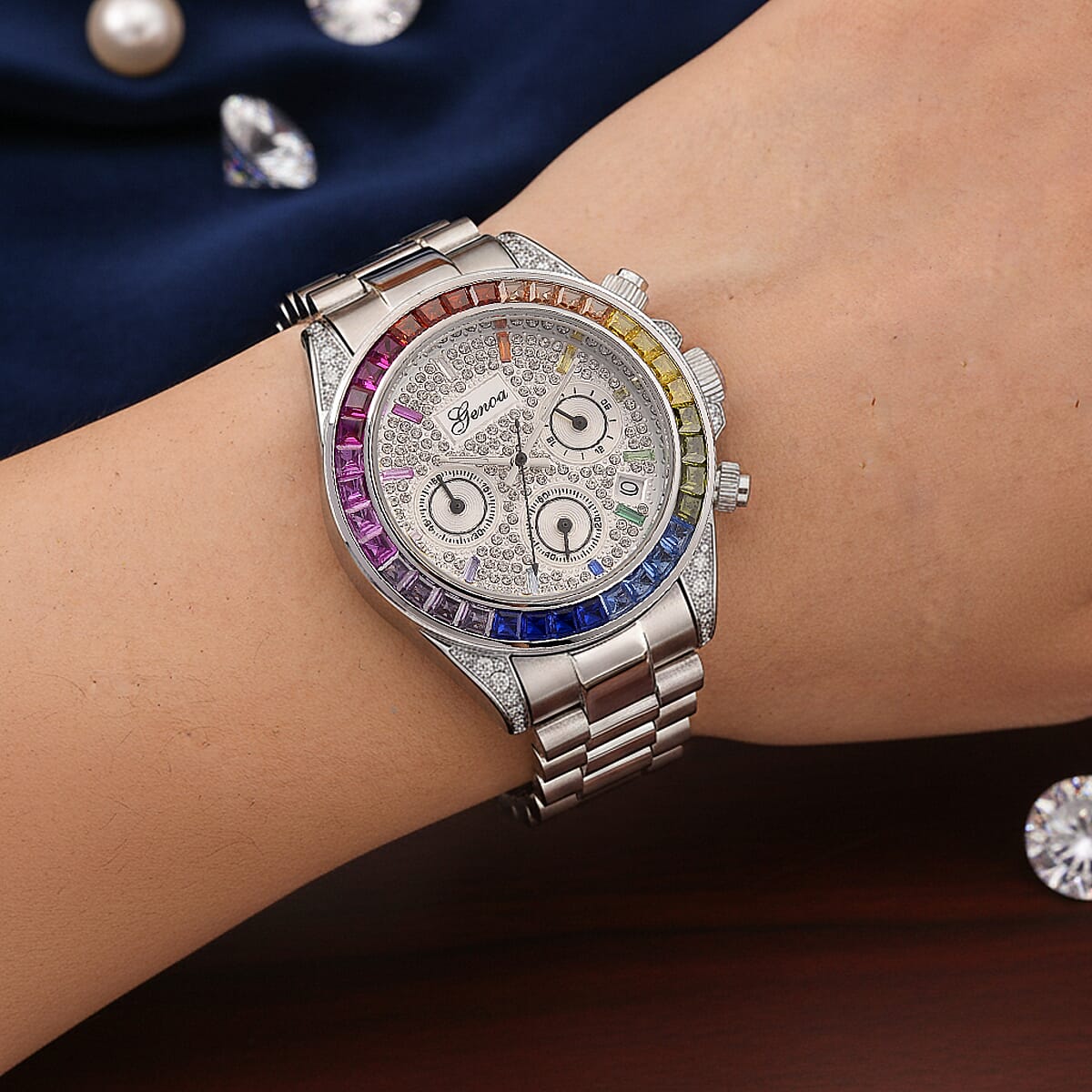 Valentine Special Deal Genoa Simulated Multi Diamond Japanese movement Rainbow Multifunction Watch in Silvertone 2.00 ctw image number 2