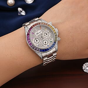 Genoa Simulated Multi Diamond Japanese movement Rainbow Multifunction Watch in Silvertone 2.00 ctw