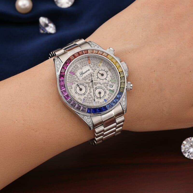 Simulated Multi Diamond Japanese movement Rainbow Multifunction Watch in Silvertone 2.00 ctw