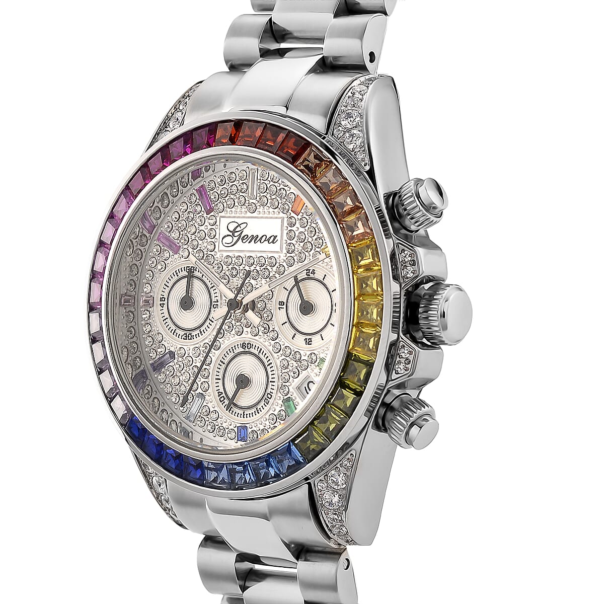 Valentine Special Deal Genoa Simulated Multi Diamond Japanese movement Rainbow Multifunction Watch in Silvertone 2.00 ctw image number 3