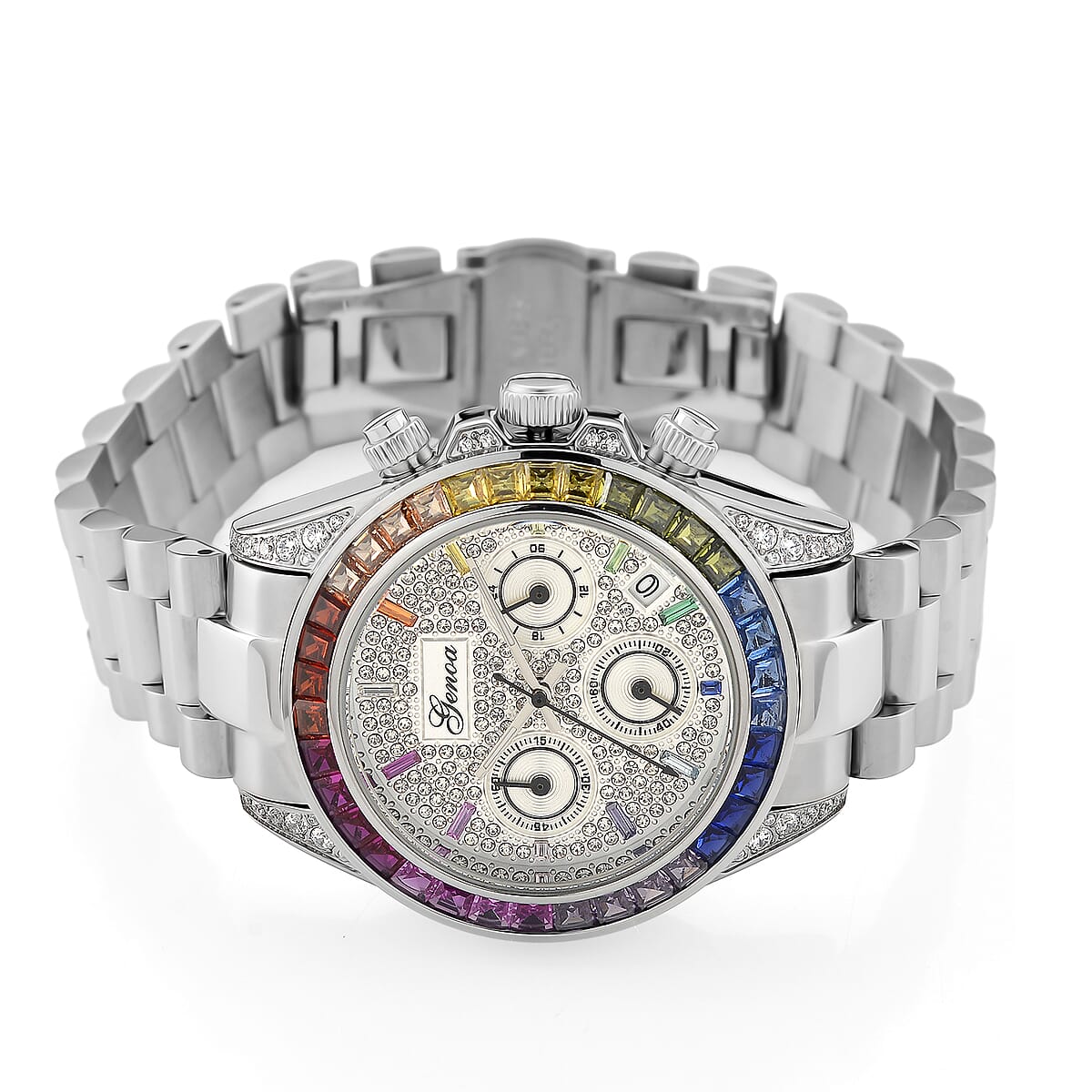 Valentine Special Deal Genoa Simulated Multi Diamond Japanese movement Rainbow Multifunction Watch in Silvertone 2.00 ctw image number 4