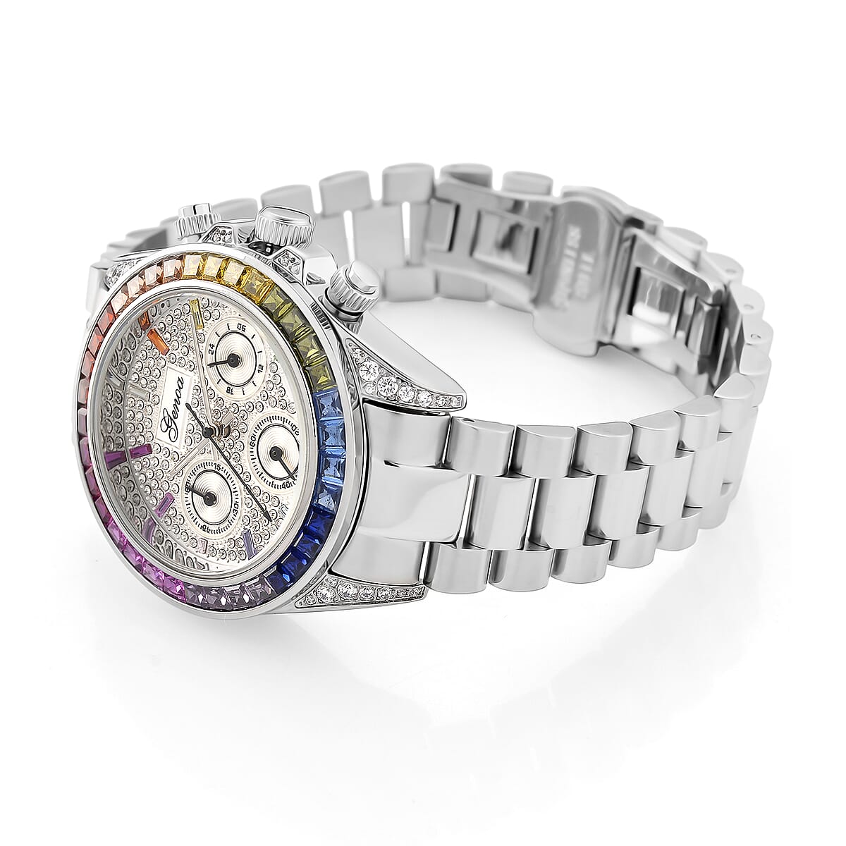 Valentine Special Deal Genoa Simulated Multi Diamond Japanese movement Rainbow Multifunction Watch in Silvertone 2.00 ctw image number 5