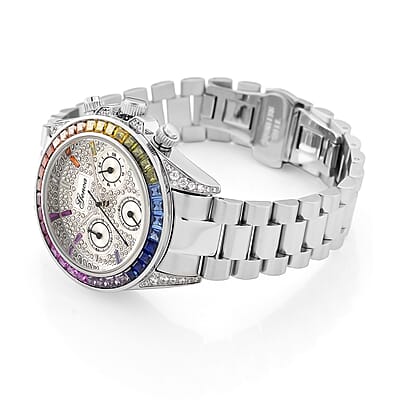 Simulated Multi Diamond Japanese movement Rainbow Multifunction Watch in Silvertone 2.00 ctw