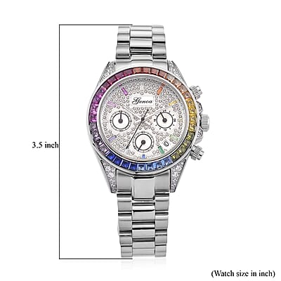 Simulated Multi Diamond Japanese movement Rainbow Multifunction Watch in Silvertone 2.00 ctw