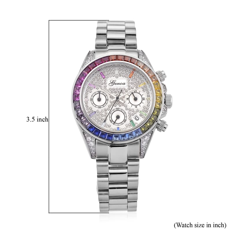 Simulated Multi Diamond Japanese movement Rainbow Multifunction Watch in Silvertone 2.00 ctw