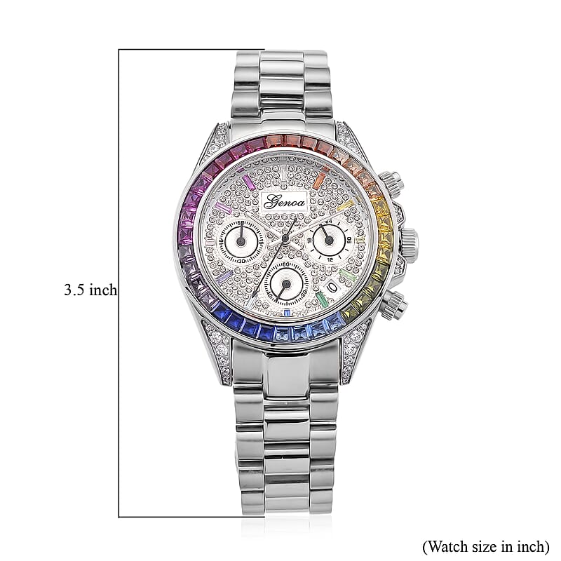 Simulated Multi Diamond Japanese movement Rainbow Multifunction Watch in Silvertone 2.00 ctw