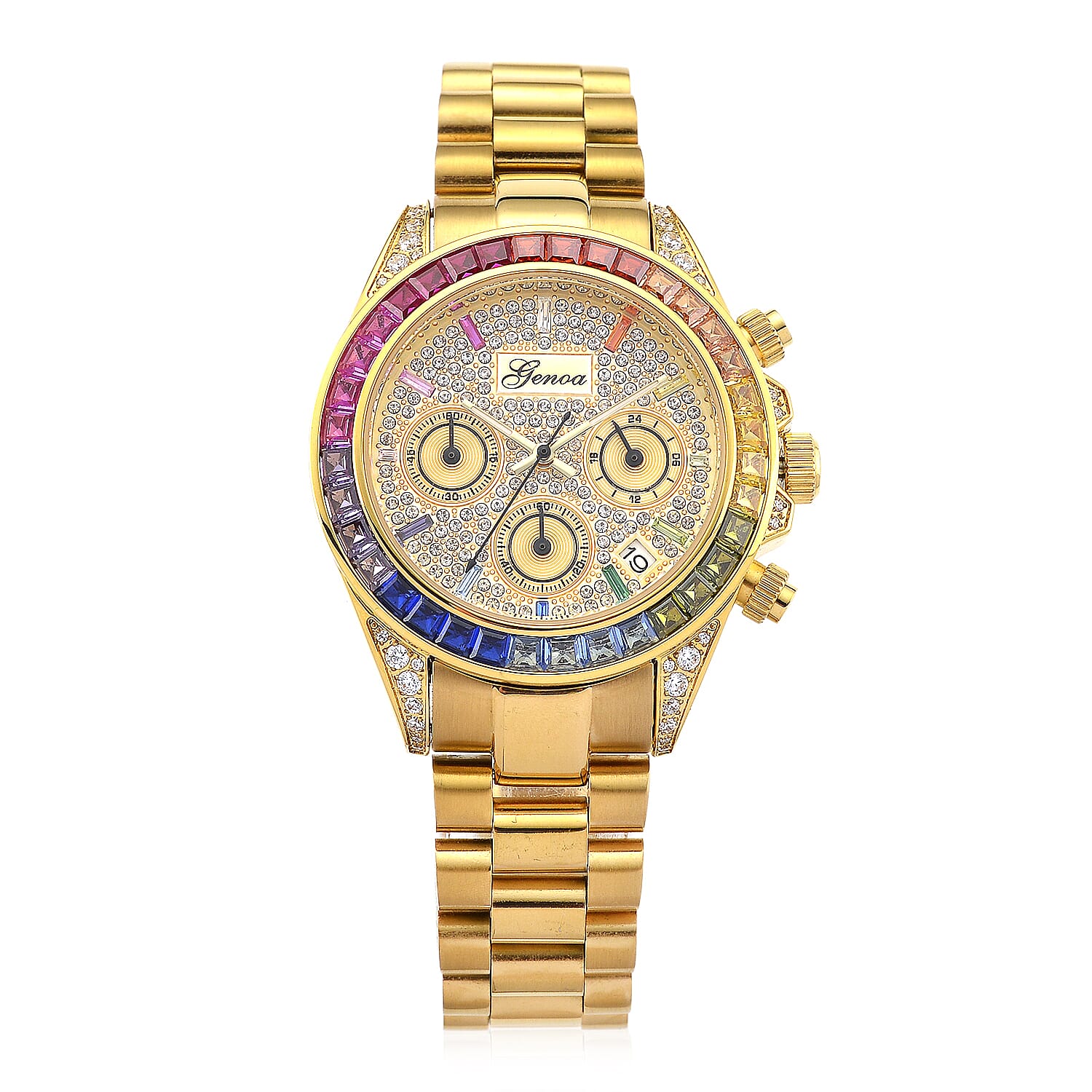Genoa Simulated Multi Diamond Japanese movement Rainbow Multifunction Watch in Silvertone 2.00 ctw