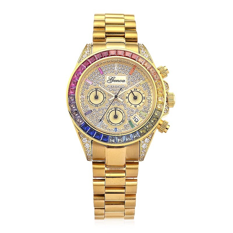 Genoa Simulated Multi Diamond Japanese movement Rainbow Multifunction Watch in Goldtone 2.00 ctw