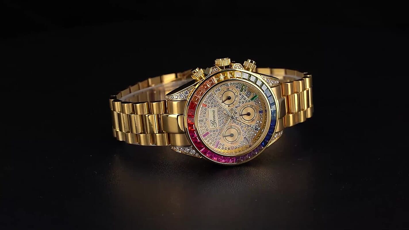 Genoa Simulated Multi Diamond Japanese movement Rainbow Multifunction Watch in Silvertone 2.00 ctw