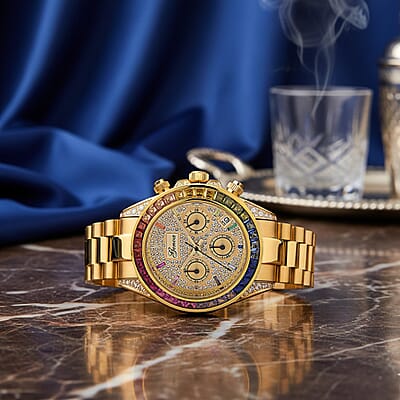 Genoa Simulated Multi Diamond Japanese movement Rainbow Multifunction Watch in Goldtone 2.00 ctw