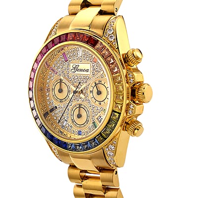 Genoa Simulated Multi Diamond Japanese movement Rainbow Multifunction Watch in Goldtone 2.00 ctw