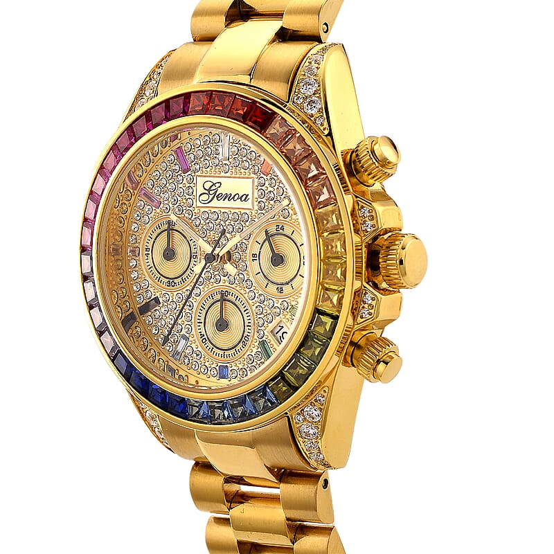 Genoa Simulated Multi Diamond Japanese movement Rainbow Multifunction Watch in Goldtone 2.00 ctw