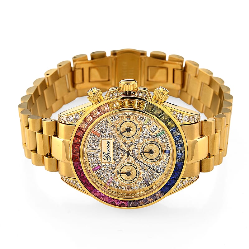 Genoa Simulated Multi Diamond Japanese movement Rainbow Multifunction Watch in Goldtone 2.00 ctw