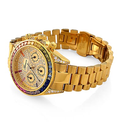 Genoa Simulated Multi Diamond Japanese movement Rainbow Multifunction Watch in Goldtone 2.00 ctw