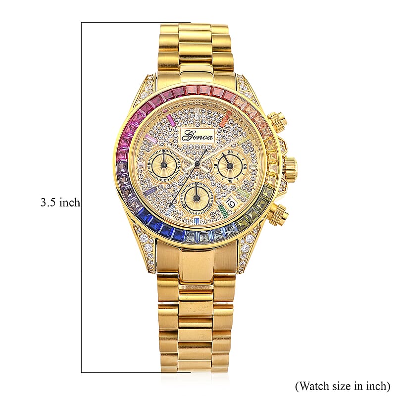 Genoa Simulated Multi Diamond Japanese movement Rainbow Multifunction Watch in Goldtone 2.00 ctw