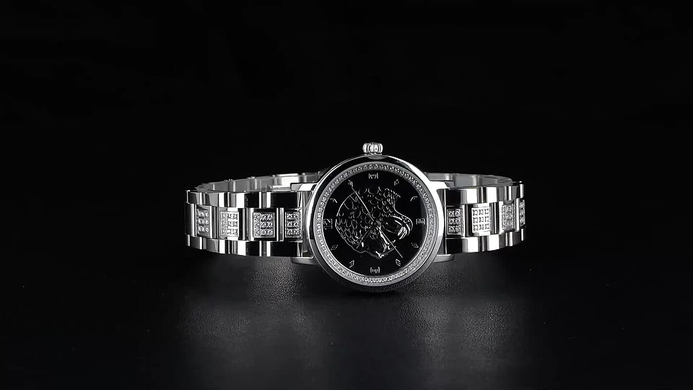 EON 1962 Moissanite Ronda 763 Swiss Movement Leopard Pattern Watch in Stainless Steel 1.20 ctw