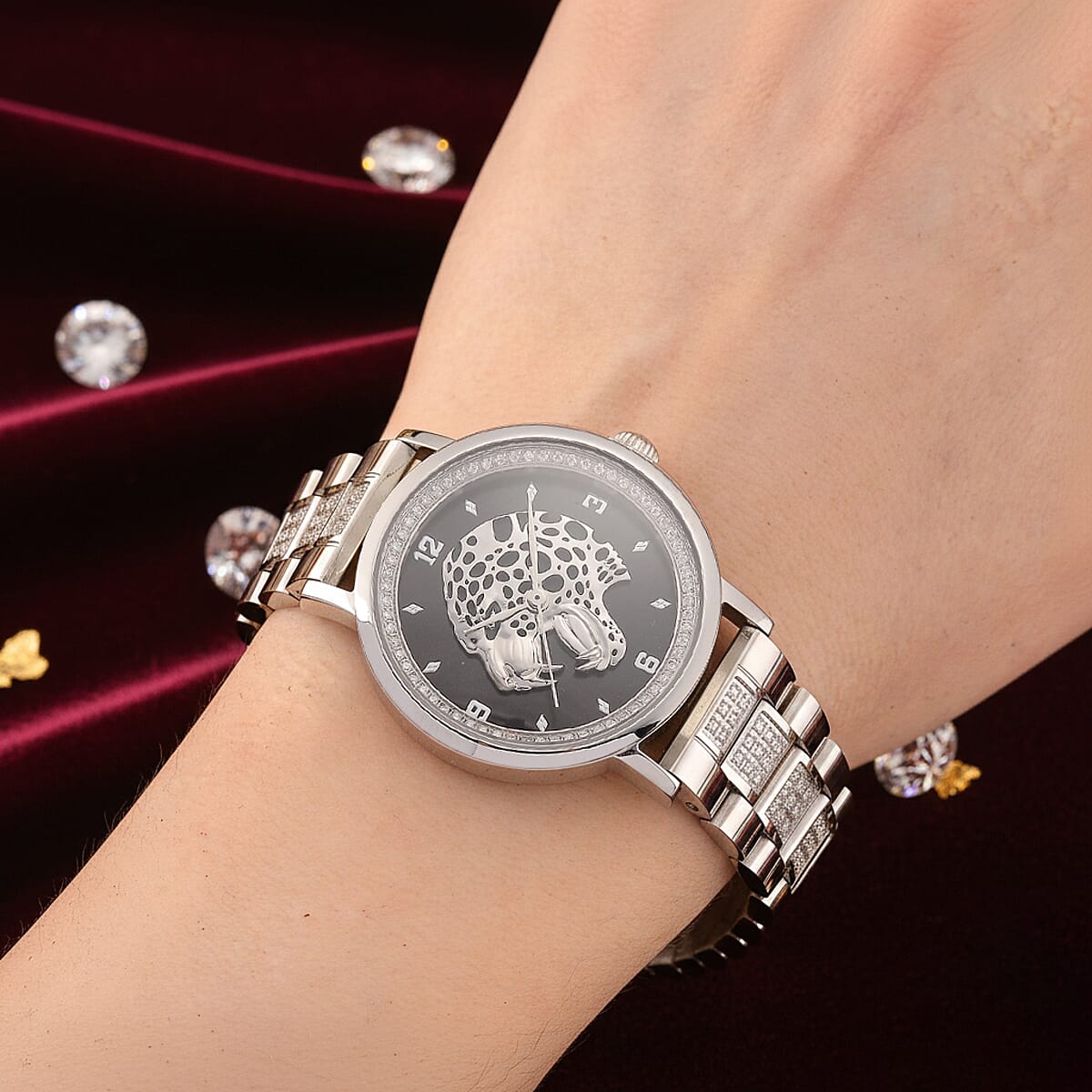 EON 1962 Moissanite Ronda 763 Swiss Movement Leopard Pattern Watch in Stainless Steel 1.20 ctw image number 2