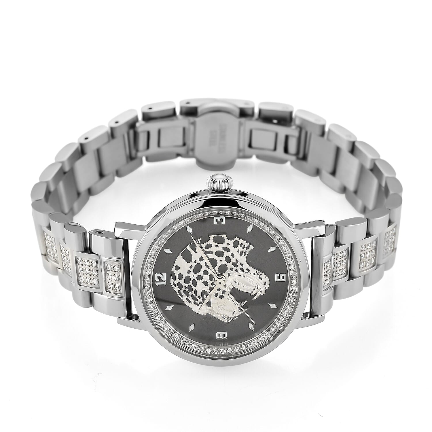 EON 1962 Moissanite Ronda 763 Swiss Movement Leopard Pattern Watch in Stainless Steel 1.20 ctw