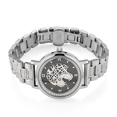 EON 1962 Moissanite Ronda 763 Swiss Movement Leopard Pattern Watch in Stainless Steel 1.20 ctw