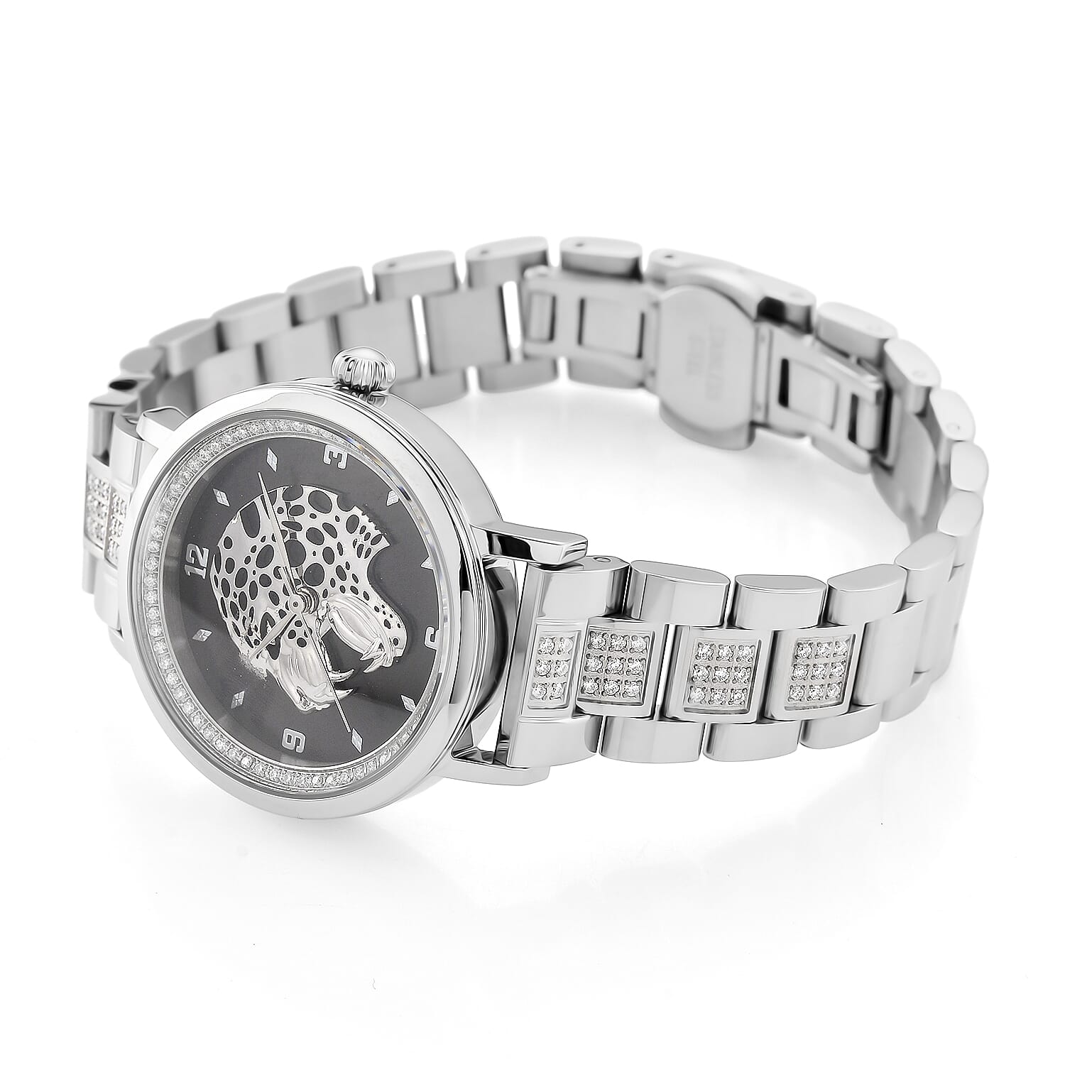 EON 1962 Moissanite Ronda 763 Swiss Movement Leopard Pattern Watch in Stainless Steel 1.20 ctw