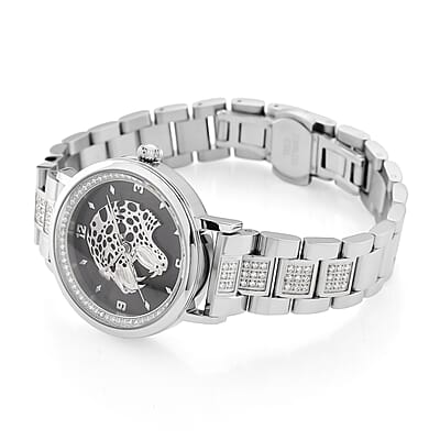 EON 1962 Moissanite Ronda 763 Swiss Movement Leopard Pattern Watch in Stainless Steel 1.20 ctw