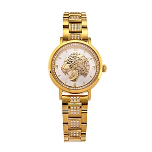 EON 1962 Moissanite Ronda 763 Swiss Movement Leopard Pattern Watch in ION Plated YG Stainless Steel 1.20 ctw