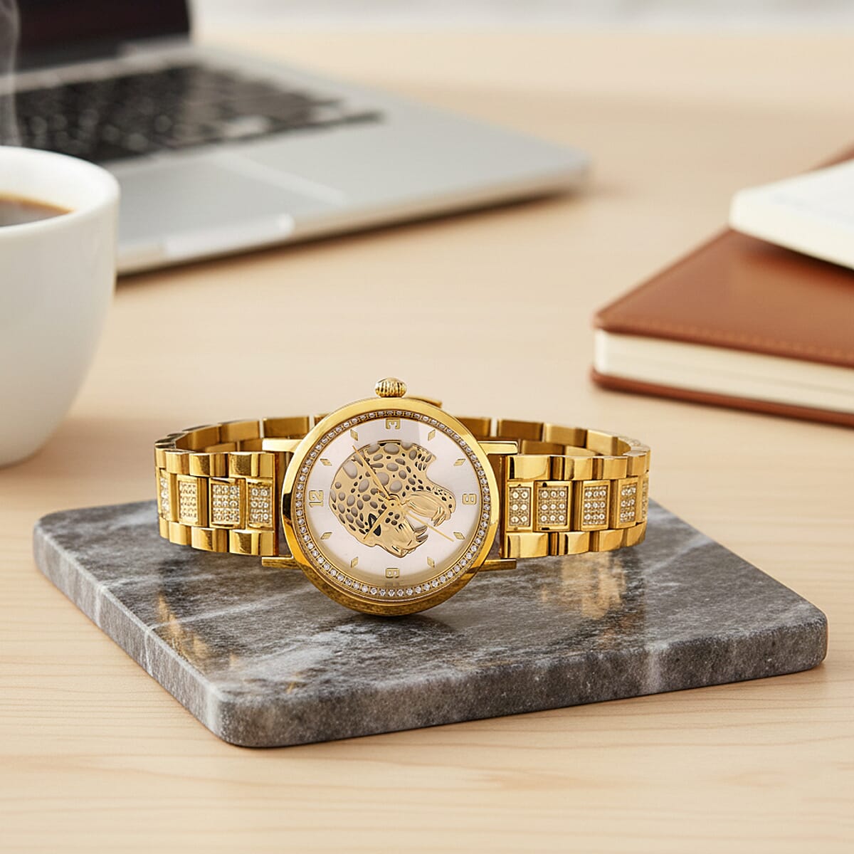 EON 1962 Moissanite Ronda 763 Swiss Movement Leopard Pattern Watch in ION Plated YG Stainless Steel 1.20 ctw image number 1